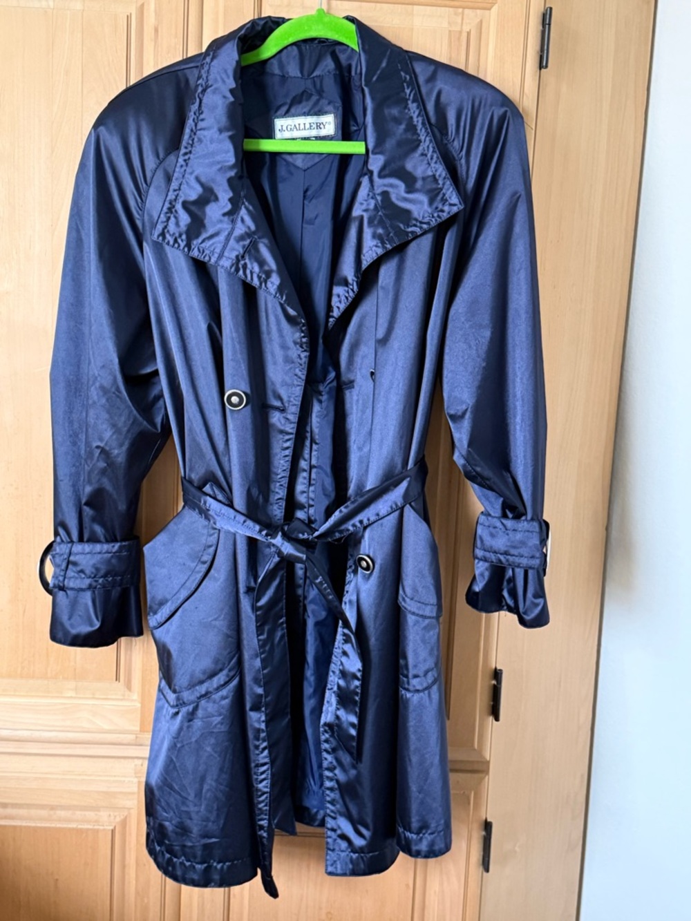 J. Gallery Women's Navy Satin Trench Coat with Self-Tie Belt